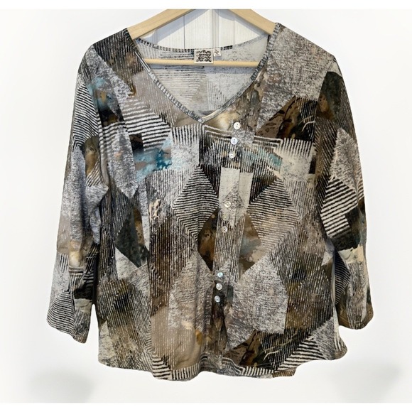 Parsley & Sage Womens Top L Brown Gray Artsy Patchwork Print Asymmetric Casual - Picture 1 of 8